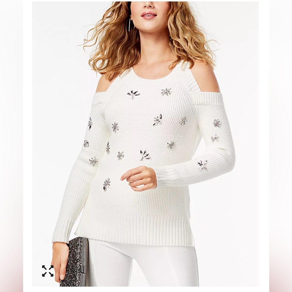 INC International Concepts White Embellished Off-the-Shoulder Sweater